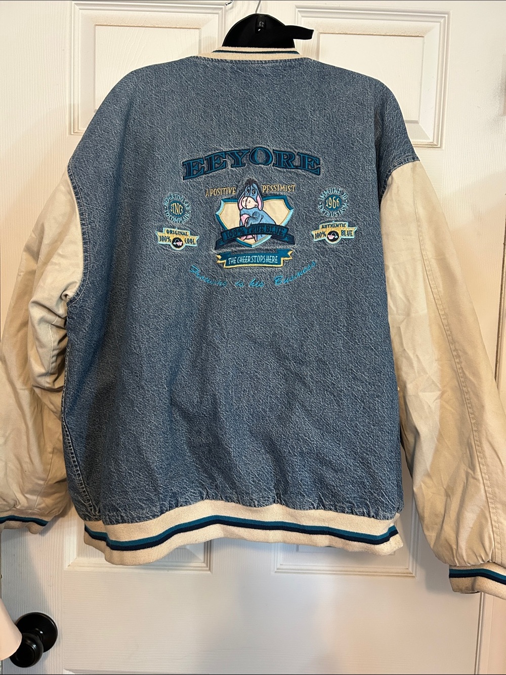 Disney Eeyore Blue Denim & Cream Sleeve Vintage Varsity Bomber Jacket